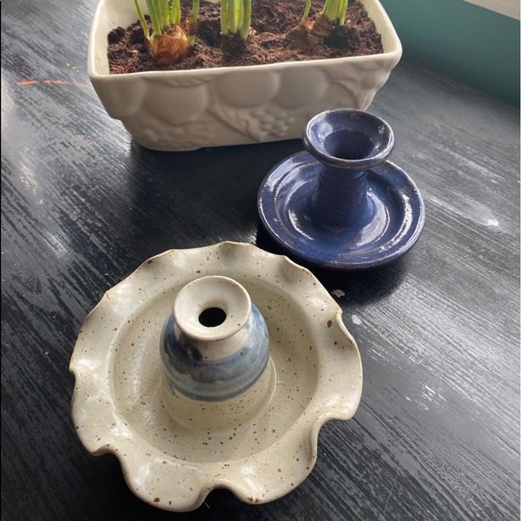 vintage handmade studio pottery candle candlestick holder blue and cream - Picture 2 of 4